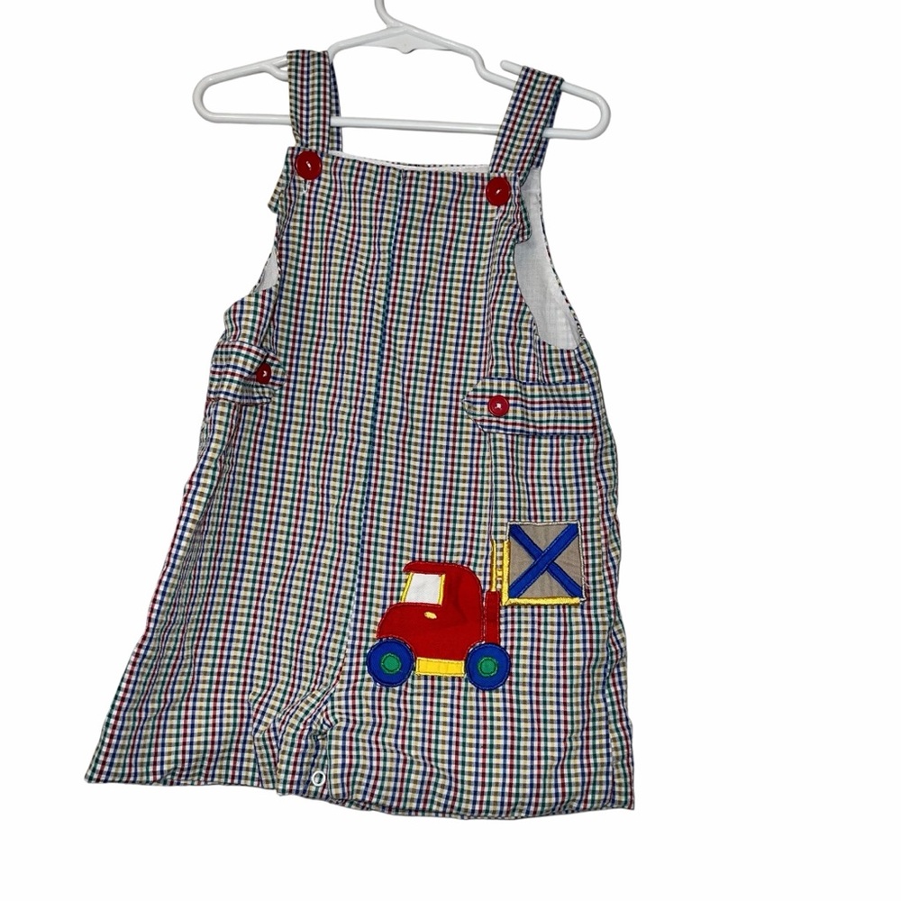 Vintage Samara Red Blue Plaid Jon Jon Overalls With Red Truck Appliqus 4t